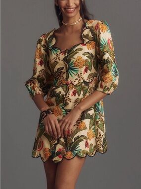 Farm Rio Anthropologie Tropical Print Mini Dress Puff Sleeve Button Front Size M